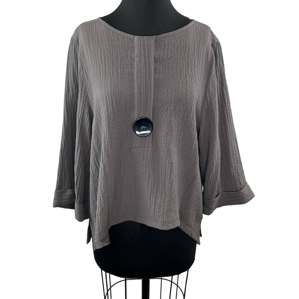 Nita Idees Gray Round Neck Long Sleeve Top Rayon Crinkle Button Lagenlook Art XL